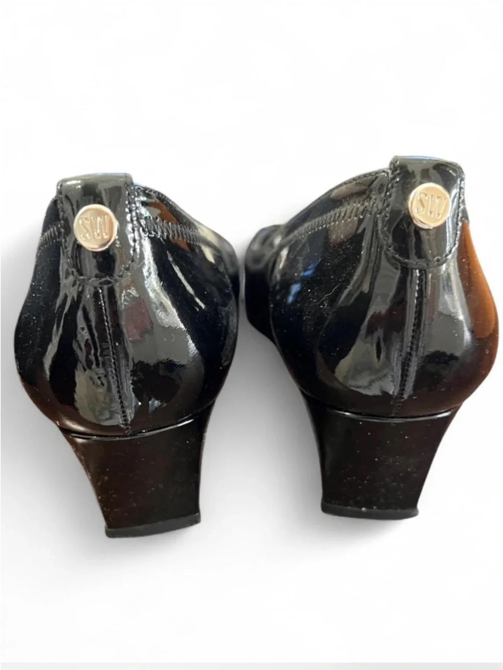 Stuart Weitzman Black Patent Leather Pleated Toe Wedge Pumps size 10 - Picture 3 of 4